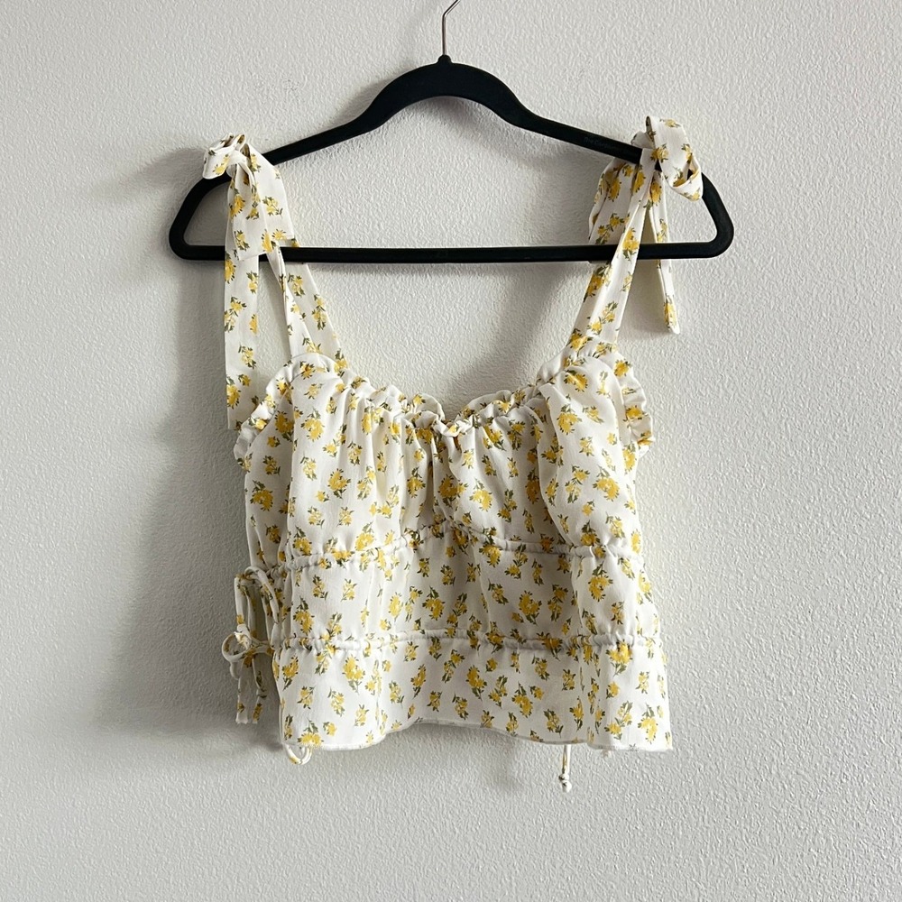 Kirious Los Angeles White/Yellow Floral Crop Top XL Cottagecore Soft Girl Fairy